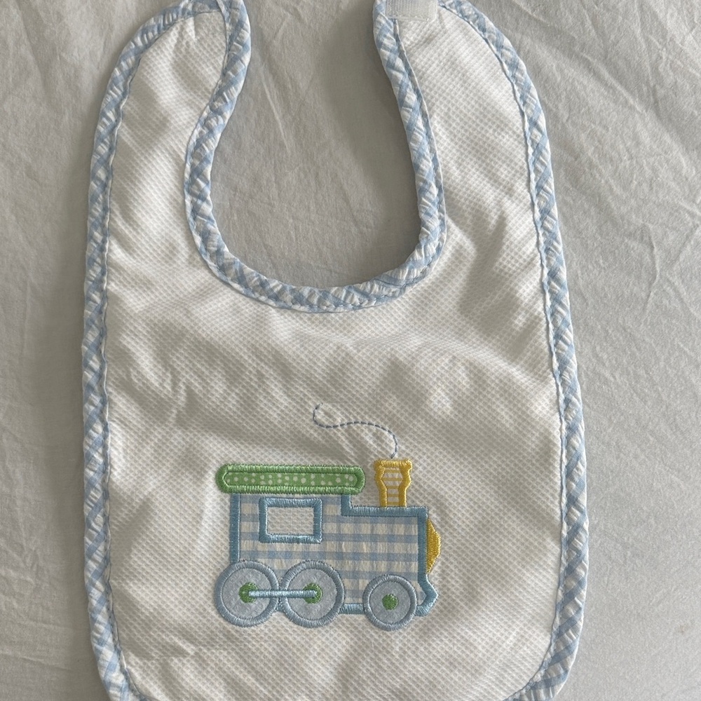 Blue and White Embroidered Train Baby Bib